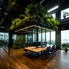 Poster - Innovative green startup office design in urban environment modern workspace with sustainable elements