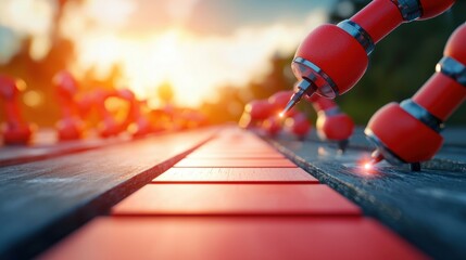 Poster - A row of industrial robots working in sync on a production line, welding, assembling, and painting components with perfect coordination.