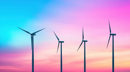 Poster - Wind turbines spinning gracefully against a backdrop of a vibrant sunset, generating clean energy from renewable sources.