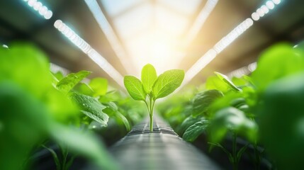 Poster - A vertical farm with rows of lush greenery growing under LED lights, utilizing innovative techniques to produce food sustainably in urban areas.