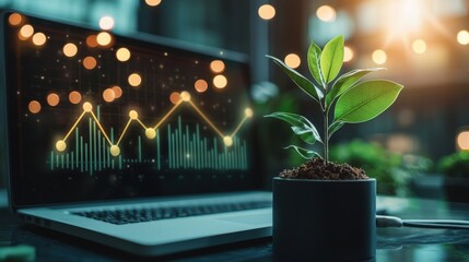 Poster - a sleek, modern office with a large screen displaying a graph with a steep upward trajectory, repres