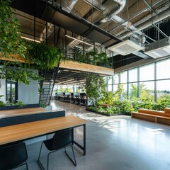Poster - Innovative green startup workspace design modern office collaborative environment urban wide-angle view sustainability concept