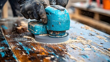 Poster - DIY hobbyist sanding a vintage table using an electric orbital sander for restoration projects Stock Photo with side copy space