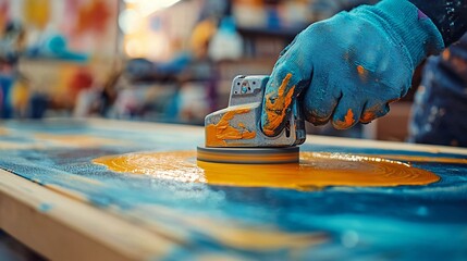 Poster - Professional sanding tool being used to prepare a wooden frame for home painting projects Stock Photo with side copy space