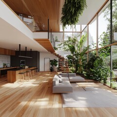 Poster - Minimalist eco-friendly home interior design urban location visual content lush environment modern viewpoint sustainable concept