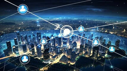Poster - Global Network Connections: A futuristic, abstract cityscape illuminated with glowing city lights and interconnected lines, representing the vast interconnectedness of our digital world.  