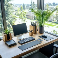 Poster - Minimalist sustainable workspace setup with eco-friendly elements modern office photography bright environment aesthetic viewpoint