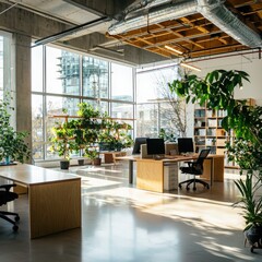 Poster - Minimalist sustainable workspace setup with eco-friendly design urban office modern aesthetics bright environment indoor plants