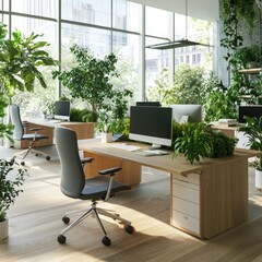 Poster - Sustainable workspace design with eco-friendly elements modern office interior green environment minimalist concept