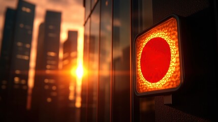 Poster - A glowing red traffic light stands against a backdrop of tall buildings and a vibrant sunset, creating a striking urban scene.