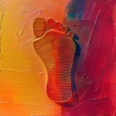 Wall Mural - sole, a colorful abstract painting featuring the imprint of a human foot. The background is a blend of warm colors, including shades of red, orange, and yellow, with some hints of blue and purple