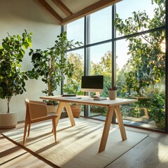 Poster - Modern minimalist home office design with natural light in a serene environment