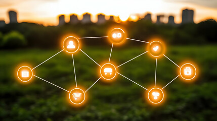 Poster - Network connection icons over sunset city park.