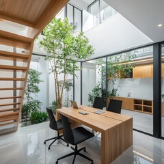 Poster - Modern minimalist home office design with natural light indoor plants and sustainable materials
