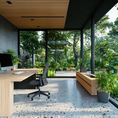 Poster - Modern minimalist office space with natural light and greenery eco-friendly design contemporary atmosphere