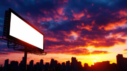 Poster - A silhouetted billboard stands against a vibrant sunset sky, with clouds illuminated by warm hues, highlighting an urban skyline.