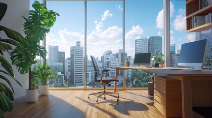 Poster - Modern office workspace design urban skyscrapers view digital environment bright aesthetic contemporary concept