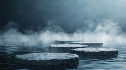 Poster - A serene scene featuring stone steps emerging from misty water, creating a pathway that leads into a tranquil, mysterious atmosphere.