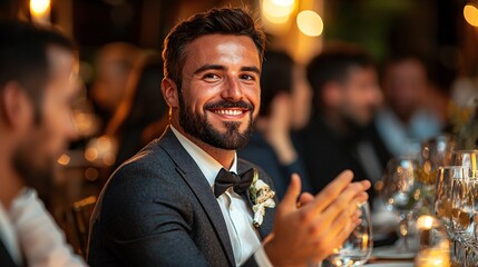 Aufkleber - Business team applauding a colleague during an award ceremony reflecting recognition and career milestones Stock Photo with side copy space