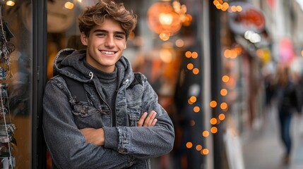 Poster - Young entrepreneur standing confidently in front of a small business storefront symbolizing progress and accomplishments Stock Photo with side copy space