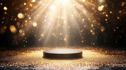 Poster - Illuminating spotlight on round pedestal with glittering particles studio setup high-impact visuals