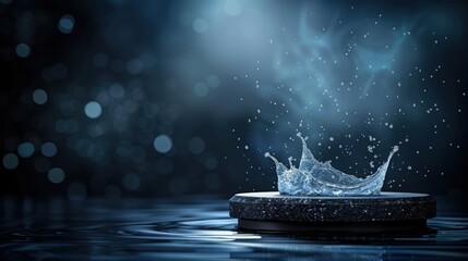 Poster - A serene image capturing a water splash on a dark surface, illuminated by soft light, creating a tranquil and dynamic atmosphere.
