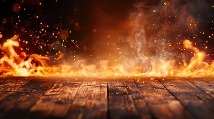Poster - Dramatic fire sparks erupting on dark wooden floor high-contrast image intense atmosphere close-up view