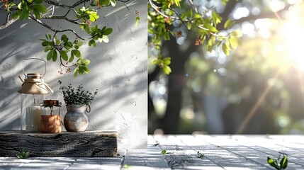 Poster - A serene outdoor scene featuring a rustic shelf with potted plants, bathed in soft sunlight, surrounded by greenery, creating a tranquil atmosphere.