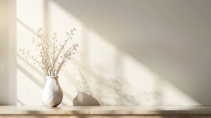 Poster - A serene vase with dried flowers casts soft shadows against a light wall, creating a tranquil and minimalistic atmosphere.