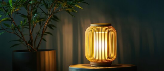 Aufkleber - Elegant bamboo lantern softly illuminating a dark interior, creating a warm and inviting ambiance for home decor.