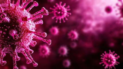 Poster - A vibrant depiction of viruses in various sizes, showcasing their intricate structures against a pink backdrop, emphasizing their microscopic nature.