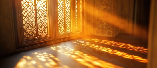 Aufkleber - Intricate window blinds creating soft shadows and warm golden hour light in a serene interior setting