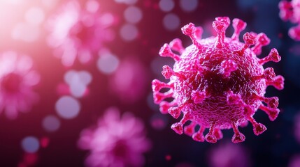 Poster - A close-up view of a stylized virus, showcasing its structure in vibrant pink hues against a blurred, colorful background.