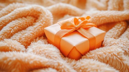 Wall Mural - Elegant orange gift box with bow resting on soft light orange fleece fabric ideal for holiday or special occasion presentations.