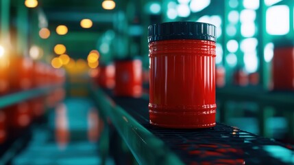 Poster - a vibrant red container sits on a conveyor belt in a factory, surrounded by blurred lights, showcasi