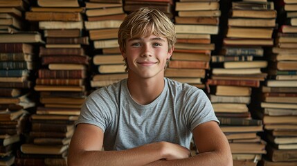 Poster - Student sitting in a library surrounded by books symbolizing academic dedication and personal milestones Stock Photo with side copy space