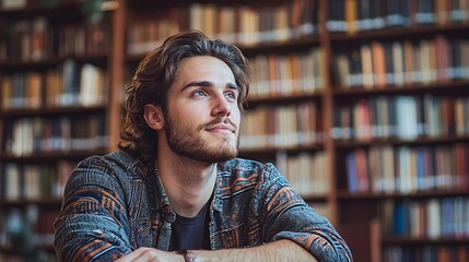 Poster - Student sitting in a library surrounded by books symbolizing academic dedication and personal milestones Stock Photo with side copy space