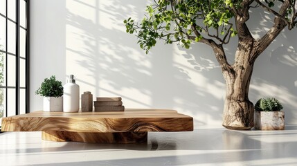 Poster - Modern wooden coffee table design with tree contemporary living room furniture minimalist natural light