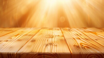 Poster - A warm wooden table surface illuminated by a radiant light source, creating a cozy and inviting atmosphere.