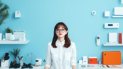 Poster - Empowered woman in tech modern workspace professional portrait bright environment front view innovation concept