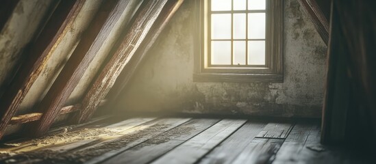 Aufkleber - Rustic attic interior with wooden beams and a small window creating a warm ambiance perfect for design inspiration and home decor ideas
