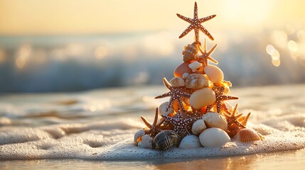 Canvas Print - Seashells and starfish forming a Christmas tree on a beach at sunrise.