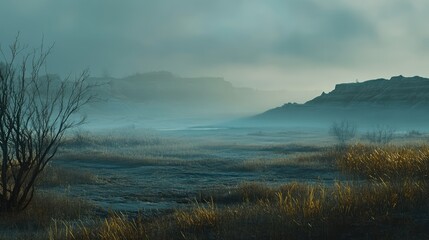  Serene Badlands Landscape Bathed in Early Morning Fog and Soft Light