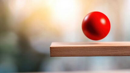 Poster - Bouncing red sphere on wooden surface studio setting abstract photography creative perspective