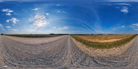 Wall Mural - full seamless spherical 360 hdri panorama view on gravel road among fields in equirectangular projection, for VR AR virtual reality content