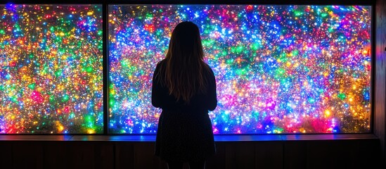 Aufkleber - Girl admiring vibrant light display with colorful bokeh in the background creating a magical atmosphere during festive season