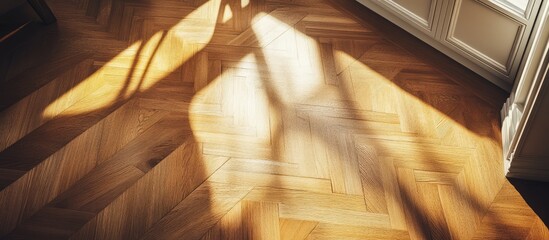 Aufkleber - Elegant wooden parquet flooring creating a warm ambiance in a modern interior with soft natural lighting and stylish design elements