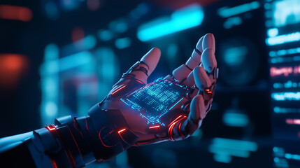 Poster - Innovative robotic hand displaying holographic data in a futuristic environment with glowing interfaces