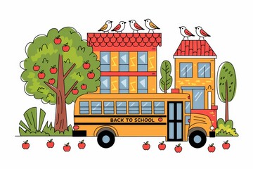 Wall Mural - School Bus Apple Tree Birds Buildings Back To School