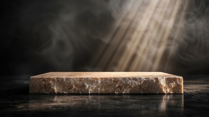 Poster - A solitary stone slab illuminated by soft rays of light against a dark, smoky background, creating a serene and mysterious atmosphere.